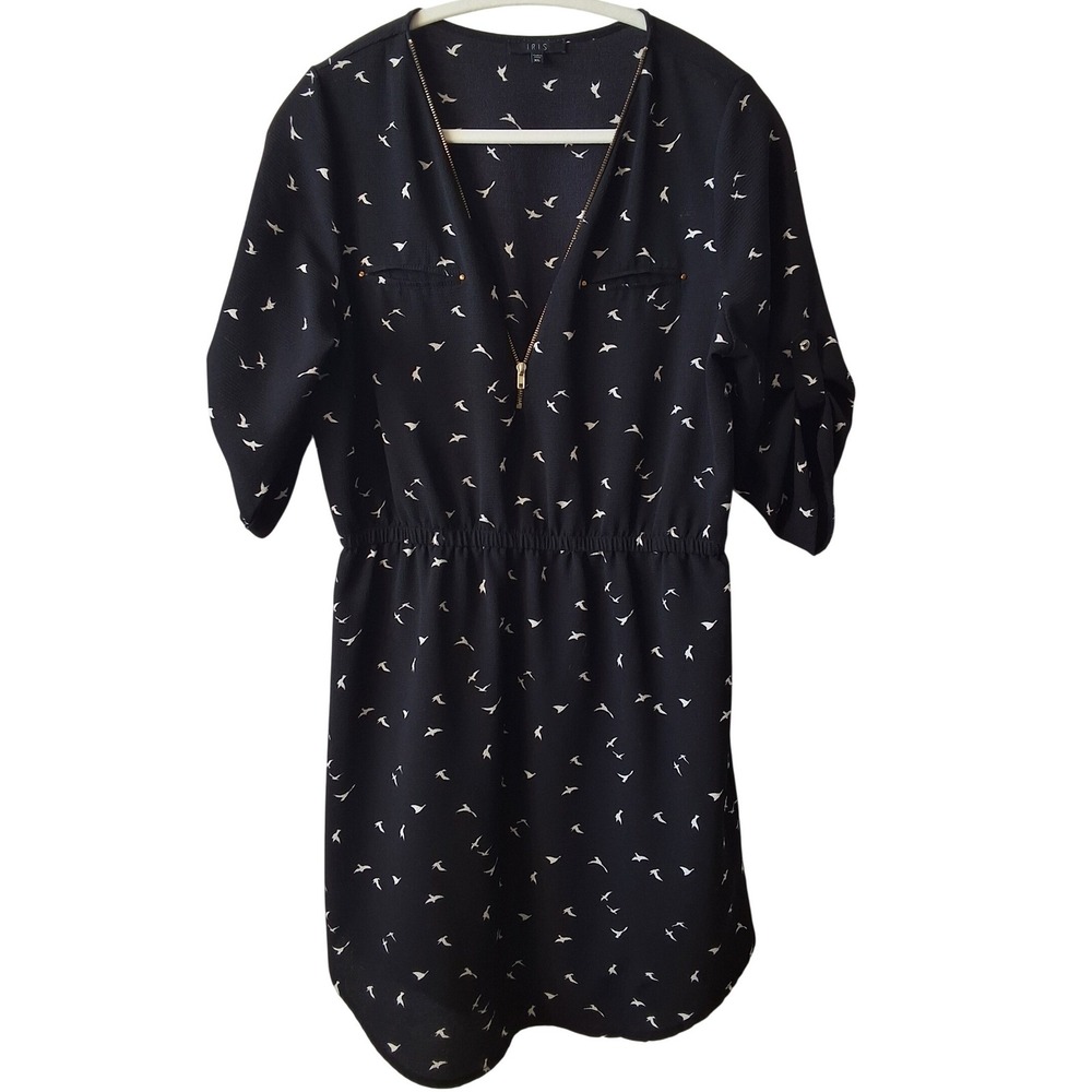 Iris X-Large Bird Print Zip Front Roll Tab Sleeve Dress Casual Lightweight Chic